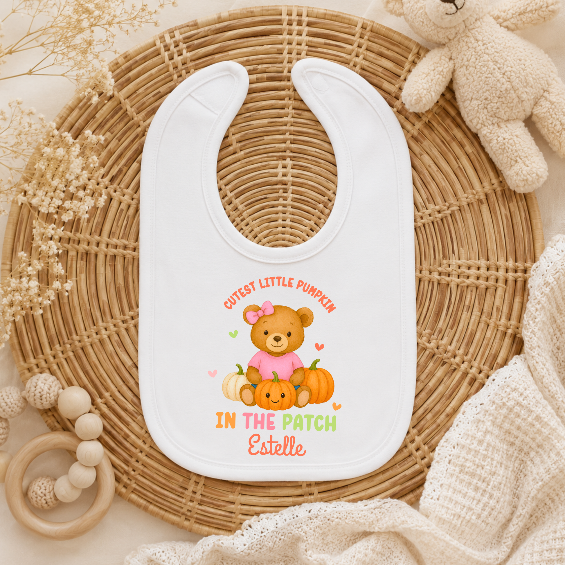 Baby’s First Halloween personalised pumpkin outfit for baby girl with teddy bear, pumpkins and Cutest Pumpkin in the Patch design.