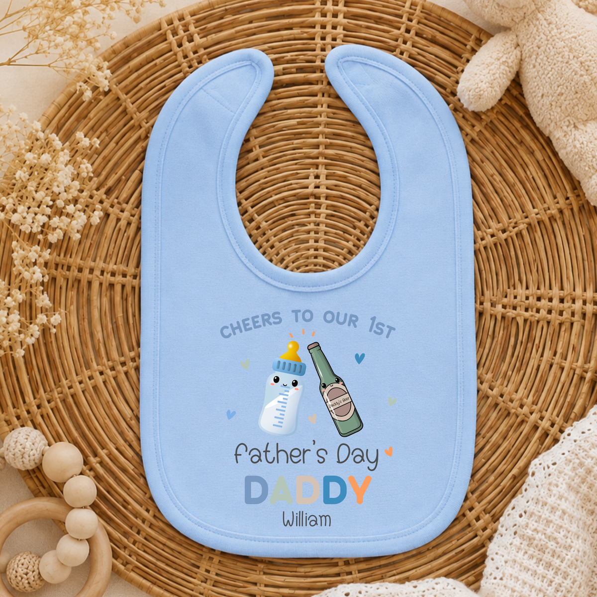 1st Father’s Day Outfit featuring a cute Daddy and Baby drinks toast design, available as a baby sleepsuit, vest, T-shirt or bib.