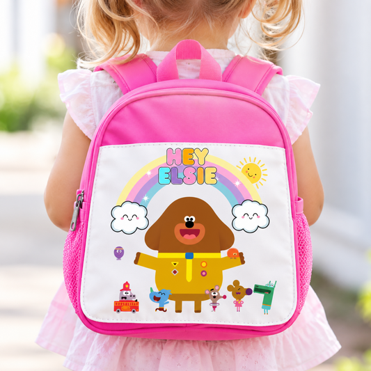 Personalised Hey Duggee Toddler Backpack for Girls in black with colourful Duggee and Squirrels print, front pocket and adjustable shoulder straps.