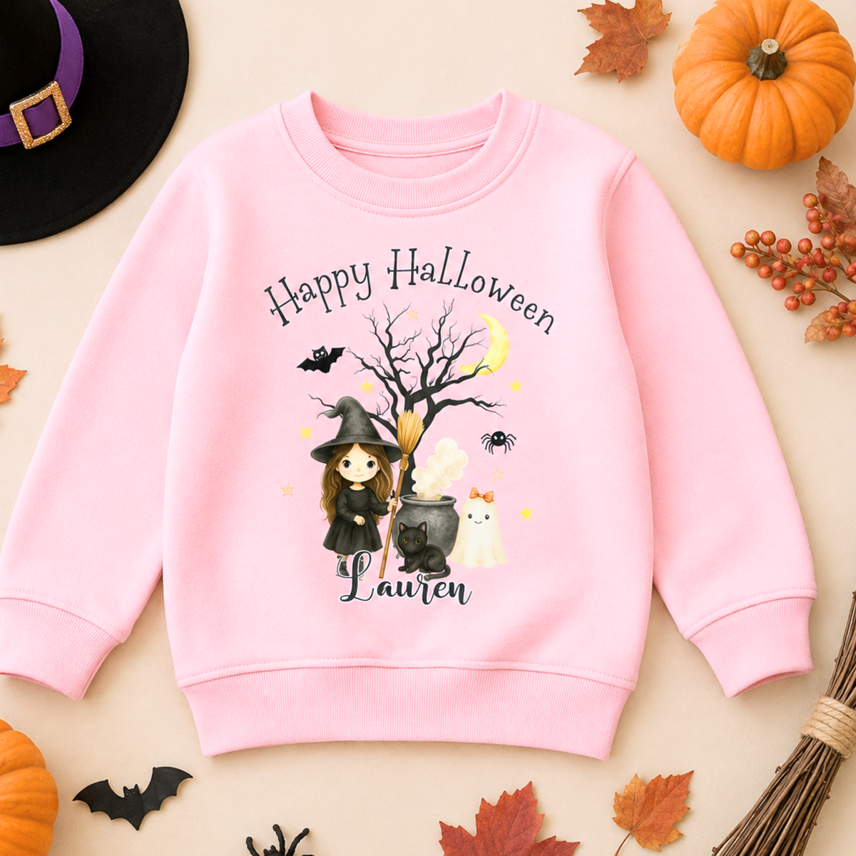 Personalised Halloween sweatshirt with cute witch design for kids, girls halloween jumper sweater with name, custom name halloween jumper