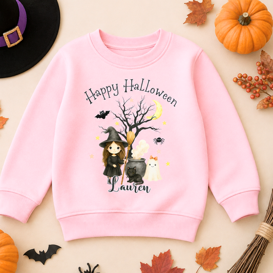Personalised Halloween sweatshirt with cute witch design for kids, girls halloween jumper sweater with name, custom name halloween jumper