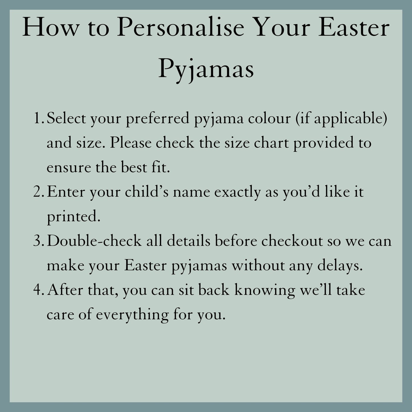 Instruction on how to personalise these Personalised Easter Pyjamas: Girls Easter Pyjamas personalised with custom Name. Floral Easter bunny design perfect Easter gift for girls
