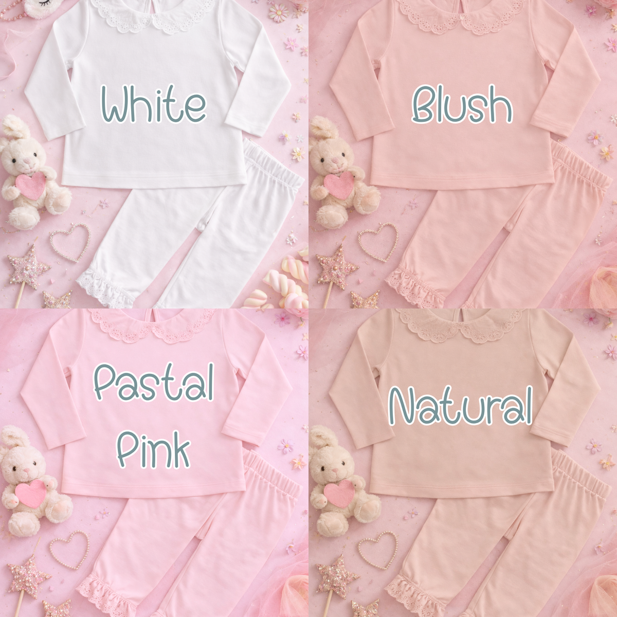 Personalised Halloween Pyjamas for Girls with cute pink ghost design, custom name, long sleeves and pretty frill details for spooky season. Personalised Halloween pyjamas for girls with pink Boo-tiful ghost design, custom name and white frill collar, cute kids Halloween nightwear.
