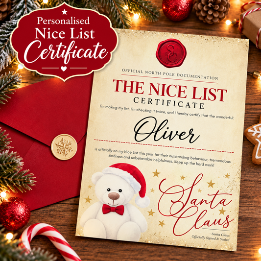 Personalised Letter from Santa Nice List certificate with child's name, Christmas teddy bear and festive red envelope