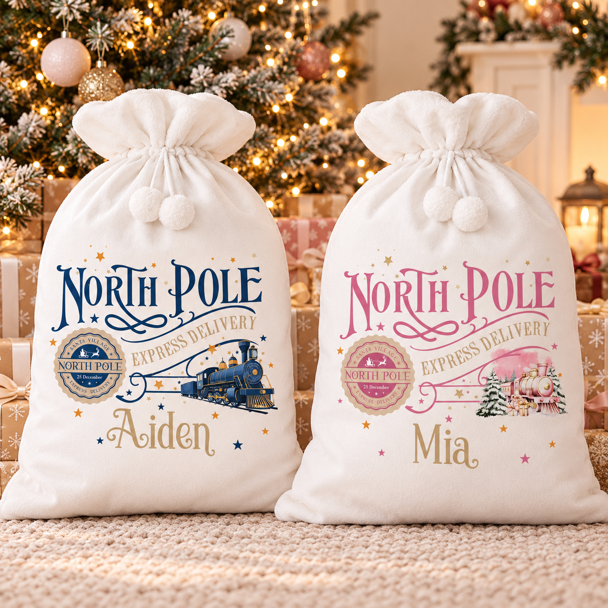 Personalised Christmas Sack – Luxery North Pole Express Train Gift Bag for Kids