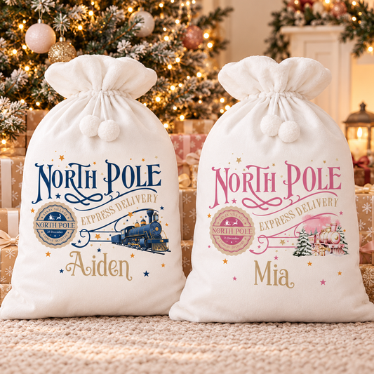 Personalised Christmas Sack – Luxery North Pole Express Train Gift Bag for Kids