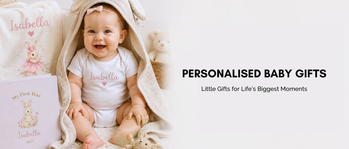 A baby wearing a white custom-printed bodysuit with 'Isabella' and a heart, sitting on a blanket wrapped in a hooded towel. A matching personalized baby book is next to them.