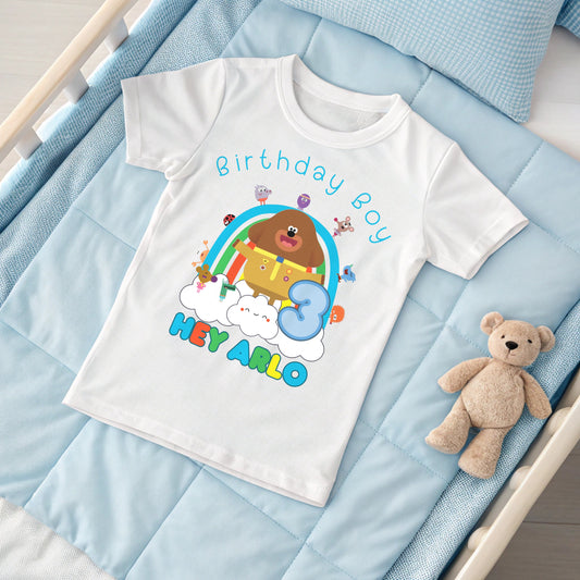 Hey duggee birthday t-shirt, duggee birthday celebration, boys hey duggee birthday tee, personalised hey duggee birthday tshirt