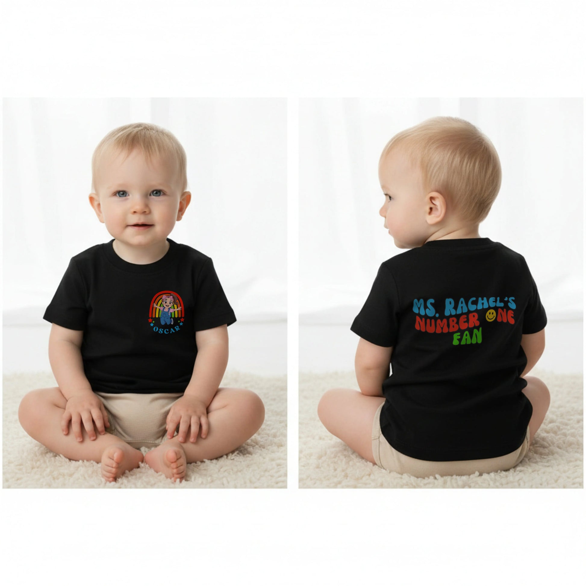 Personalised Ms Rachel t-shirt for boys with their custom name and backprint, boys Ms Rachel t-shirt