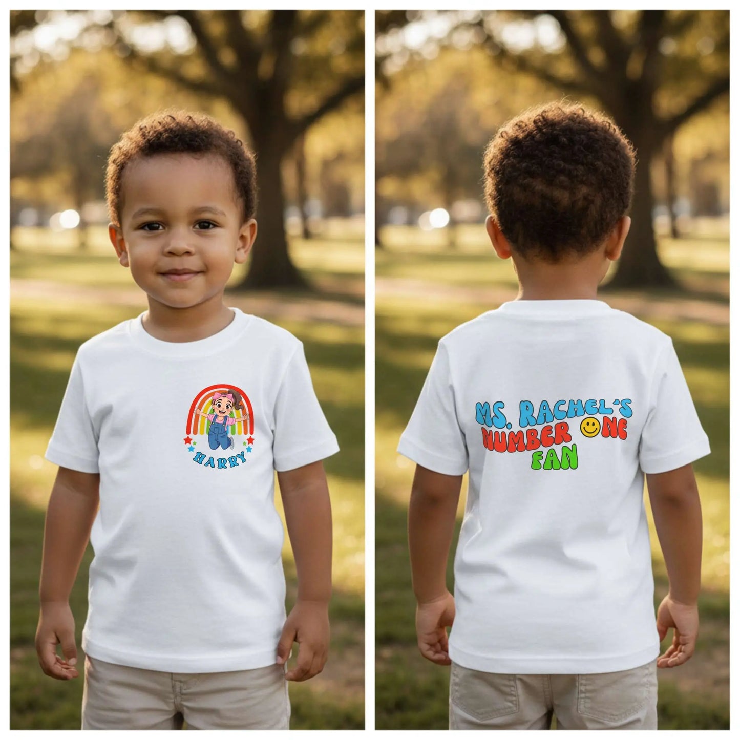 Personalised Ms Rachel t-shirt for boys with their custom name and backprint, boys Ms Rachel t-shirt