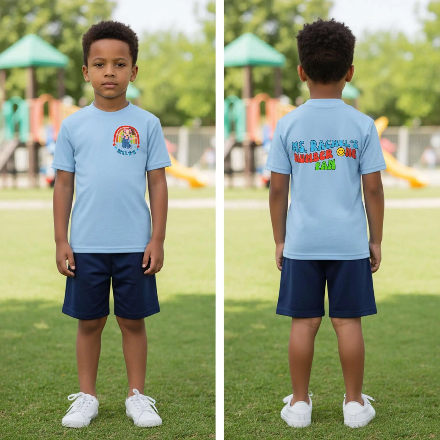 Personalised Ms Rachel t-shirt for boys with their custom name and backprint, boys Ms Rachel t-shirt