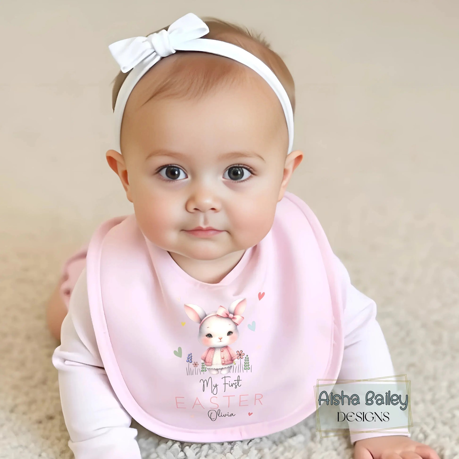 First Easter Outfit: Baby Girl’s 1st Easter Babygrow with personalised name and bunny de