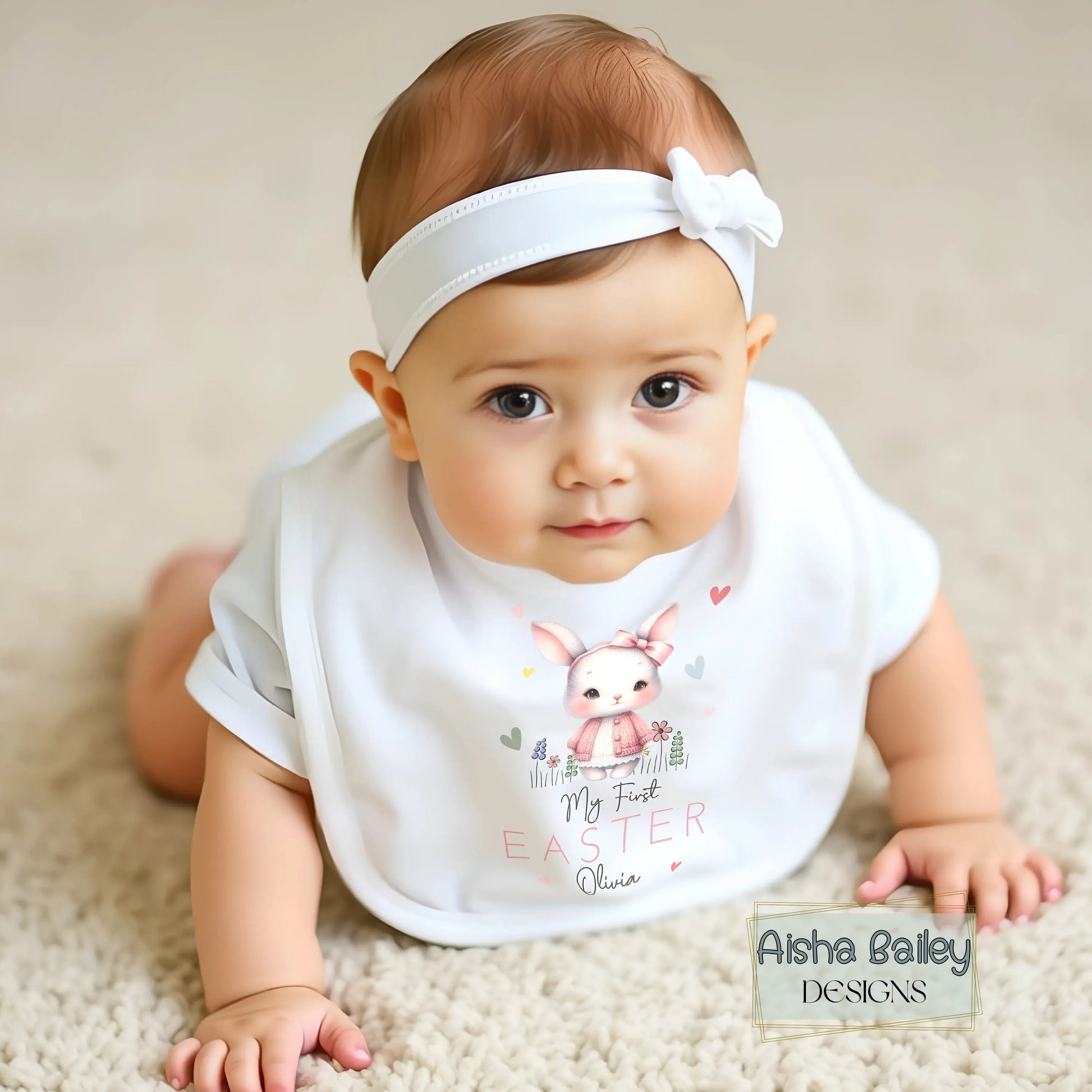 First Easter Outfit: Baby Girl’s 1st Easter Babygrow with personalised name and bunny de