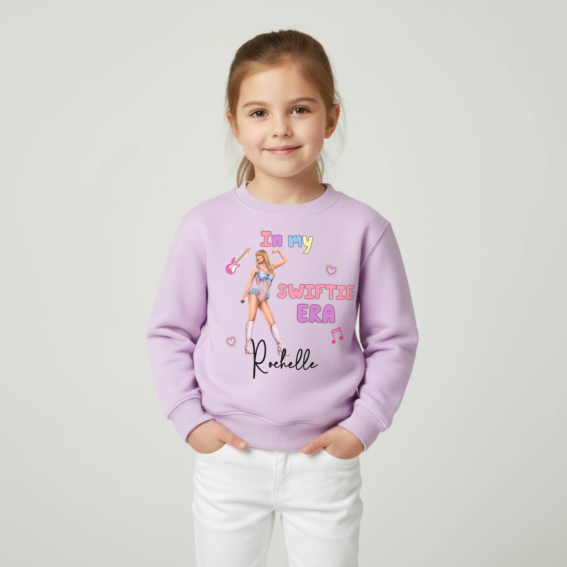 Taylor Swift sweatshirt personalised with her custom name for everyday wear. The perfect girls gift for the little Swifie
