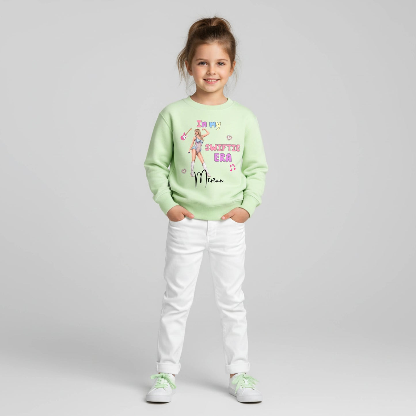 Taylor Swift sweatshirt personalised with her custom name for everyday wear. The perfect girls gift for the little Swifie