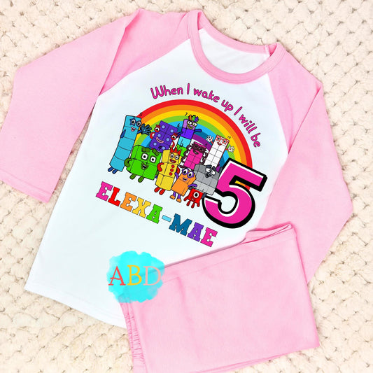 Numberblocks birthday pyjamas, when i wake up numberblocks, numberblocks name age, personalised girls numberblocks