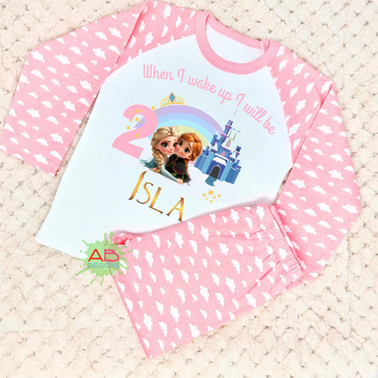 Frozen birthday pyjamas, princess Elsa and Anna PJs, When I wake up Elsa and Anna, Frozen Elsa and Anna PJs