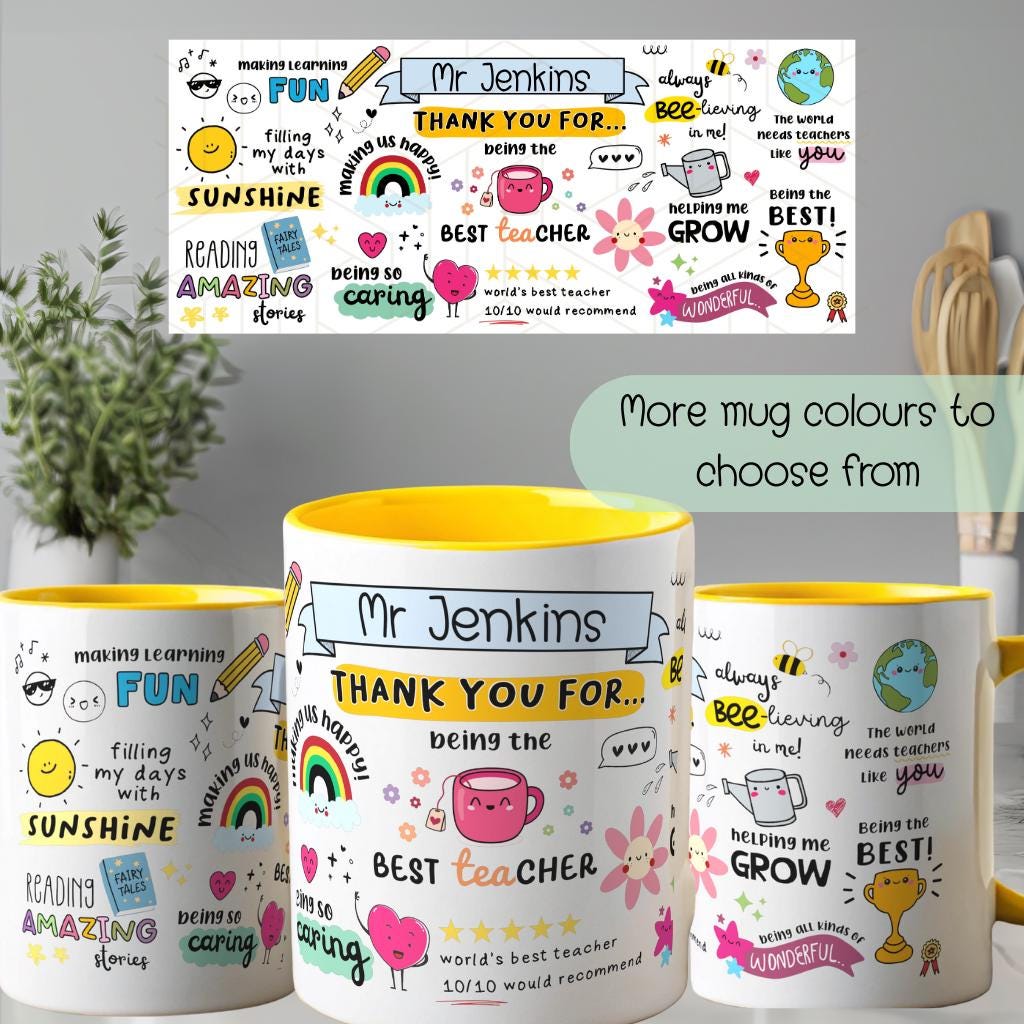 Personalised teacher mug: A personalised Thank You mug crafted for teachers, teaching assistants, or dinner ladies. It features bright colours and positive affirmations in a vibrant rainbow palette. The top of the mug displays the teacher&#39;s name in a scroll. It showcases delightful doodle illustrations and quotes highlighting the teacher&#39;s best qualities. Ideal as a teacher appreciation gift, personalized teacher mug, custom teacher gift, or thank you gift.