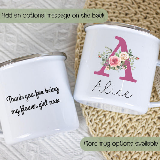 Personalised Wedding Party Mug: A personalised floral initial mug featuring a beautifully designed letter adorned with colourful flowers, accompanied by a custom name. This elegant coffee cup serves as a thoughtful gift for bridesmaids, flower girls, or a cherished keepsake for a mother. Ideal for wedding parties, this unique mug adds a personal touch to any occasion. Wedding party gift, thank you flower girl, bridesmaid, Floral design coffee mug