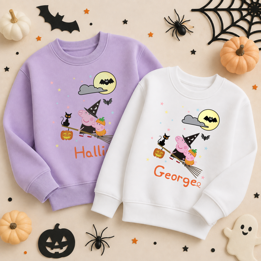 personalised halloween sweatshirt, Personalised Peppa Pig Halloween sweatshirt for kids with witch design and custom name