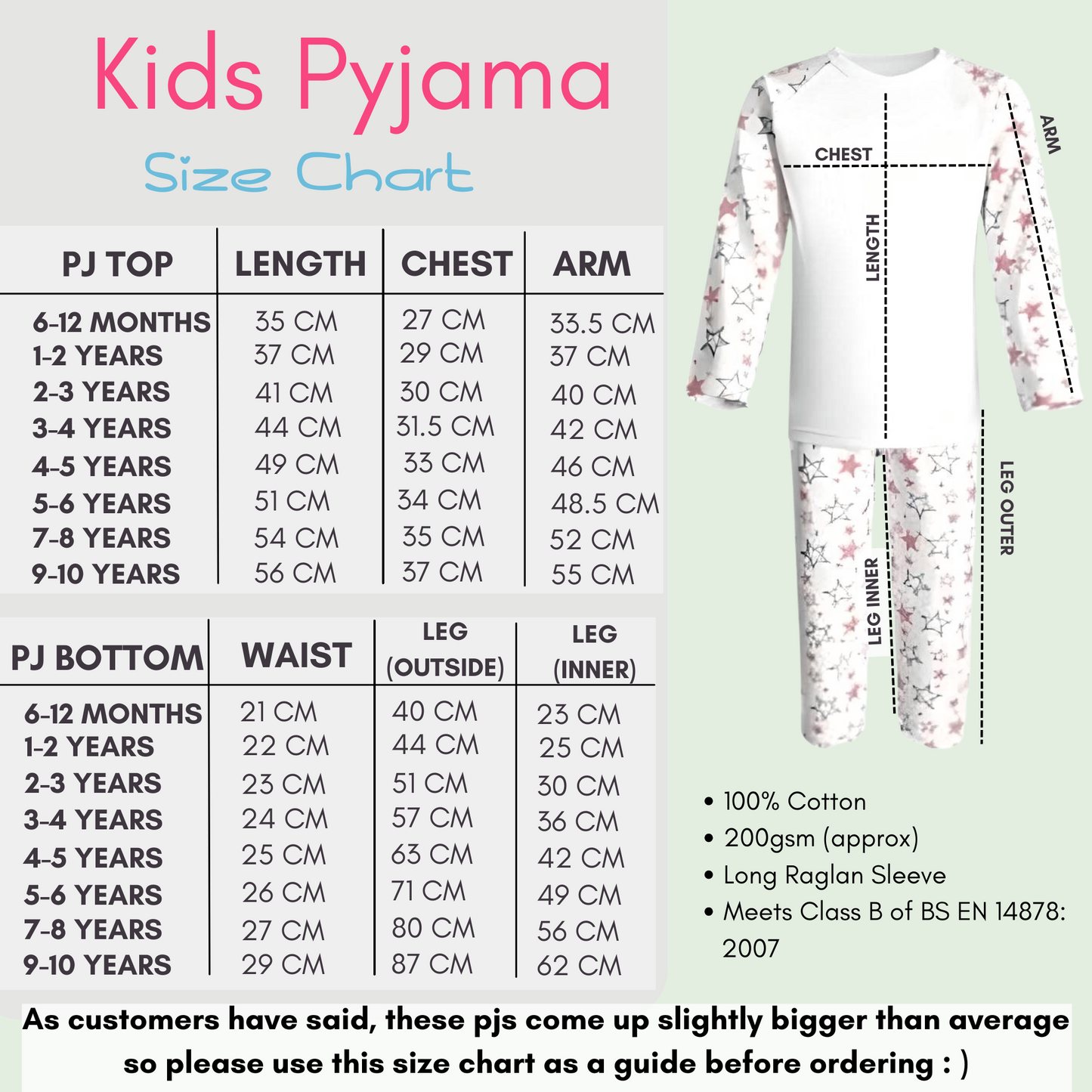 pyjama size chart