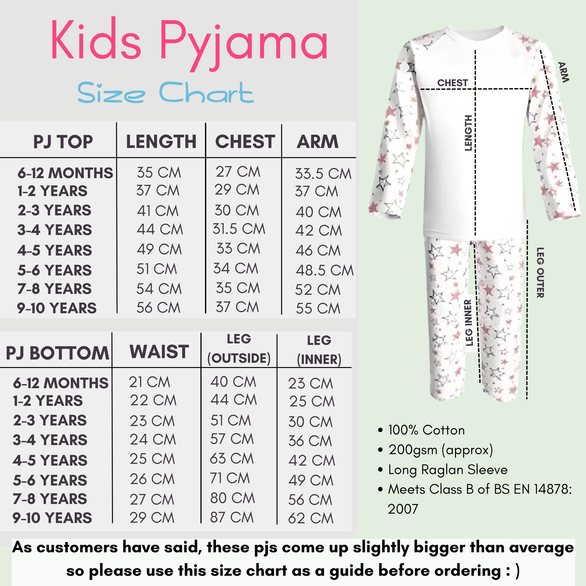 pyjama size chart