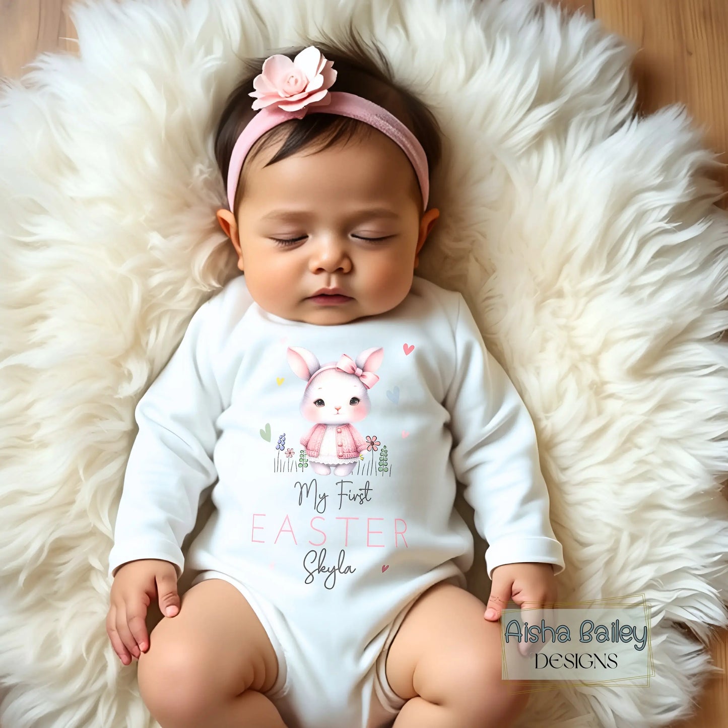 First Easter Outfit: Baby Girl’s 1st Easter Babygrow with personalised name and bunny design