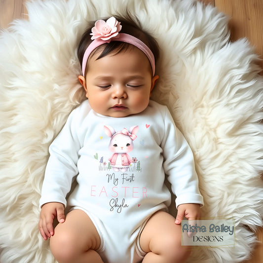First Easter Outfit: Baby Girl’s 1st Easter Babygrow with personalised name and bunny design