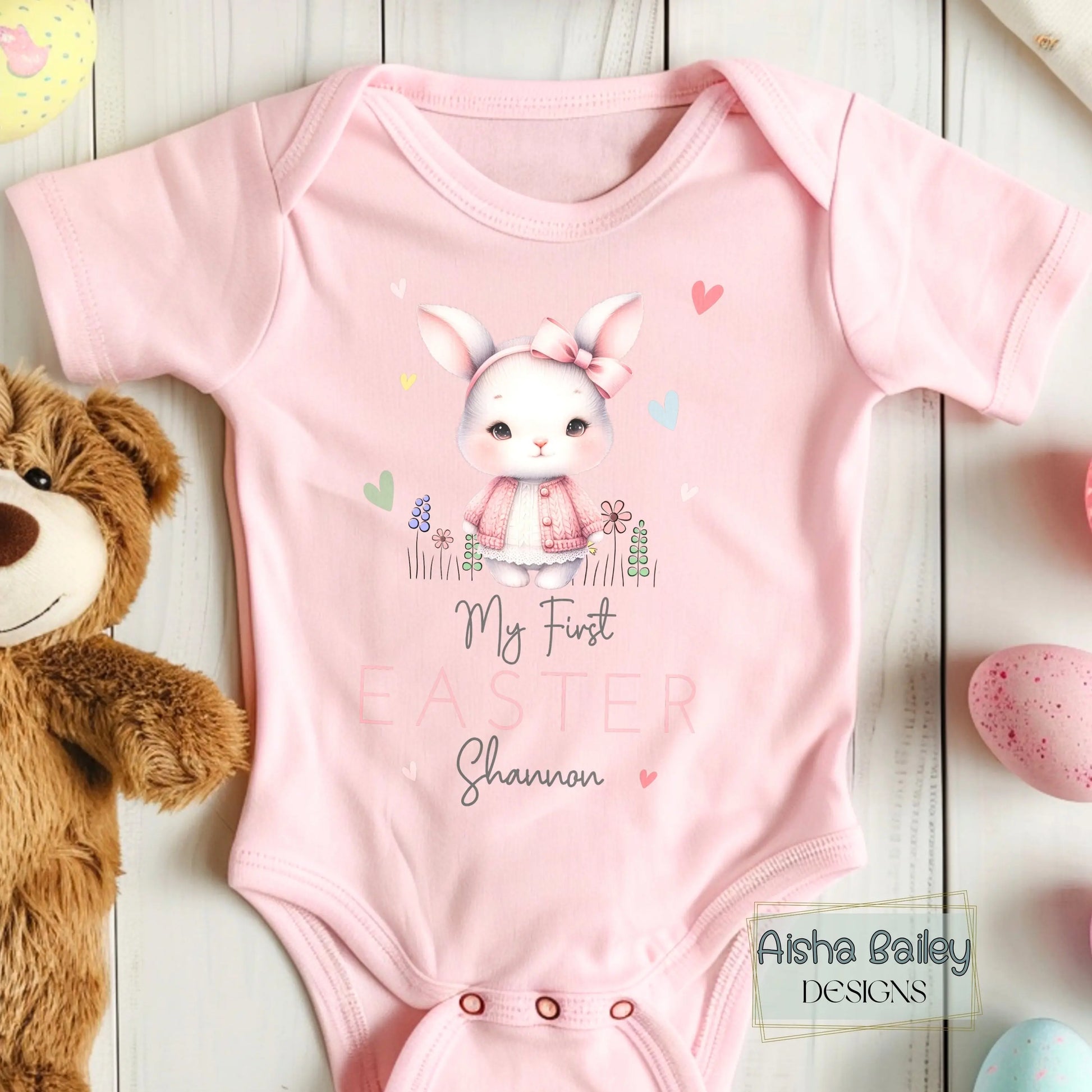 First Easter Outfit: Baby Girl’s 1st Easter Babygrow with personalised name and bunny de