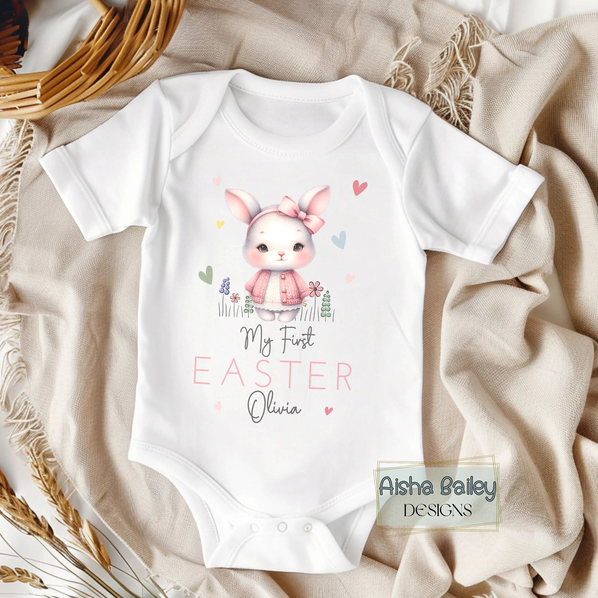 First Easter Outfit: Baby Girl’s 1st Easter Babygrow with personalised name and bunny de