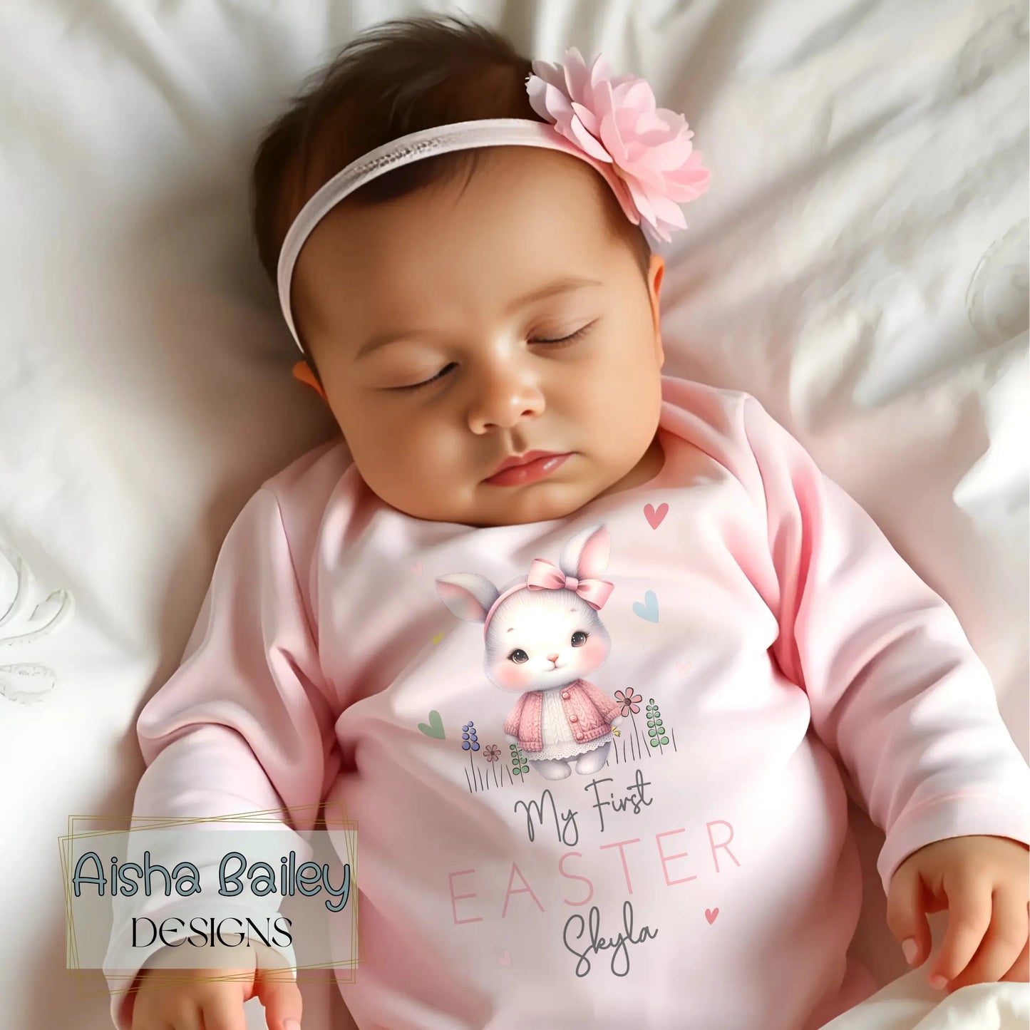 First Easter Outfit: Baby Girl’s 1st Easter Babygrow with personalised name and bunny de