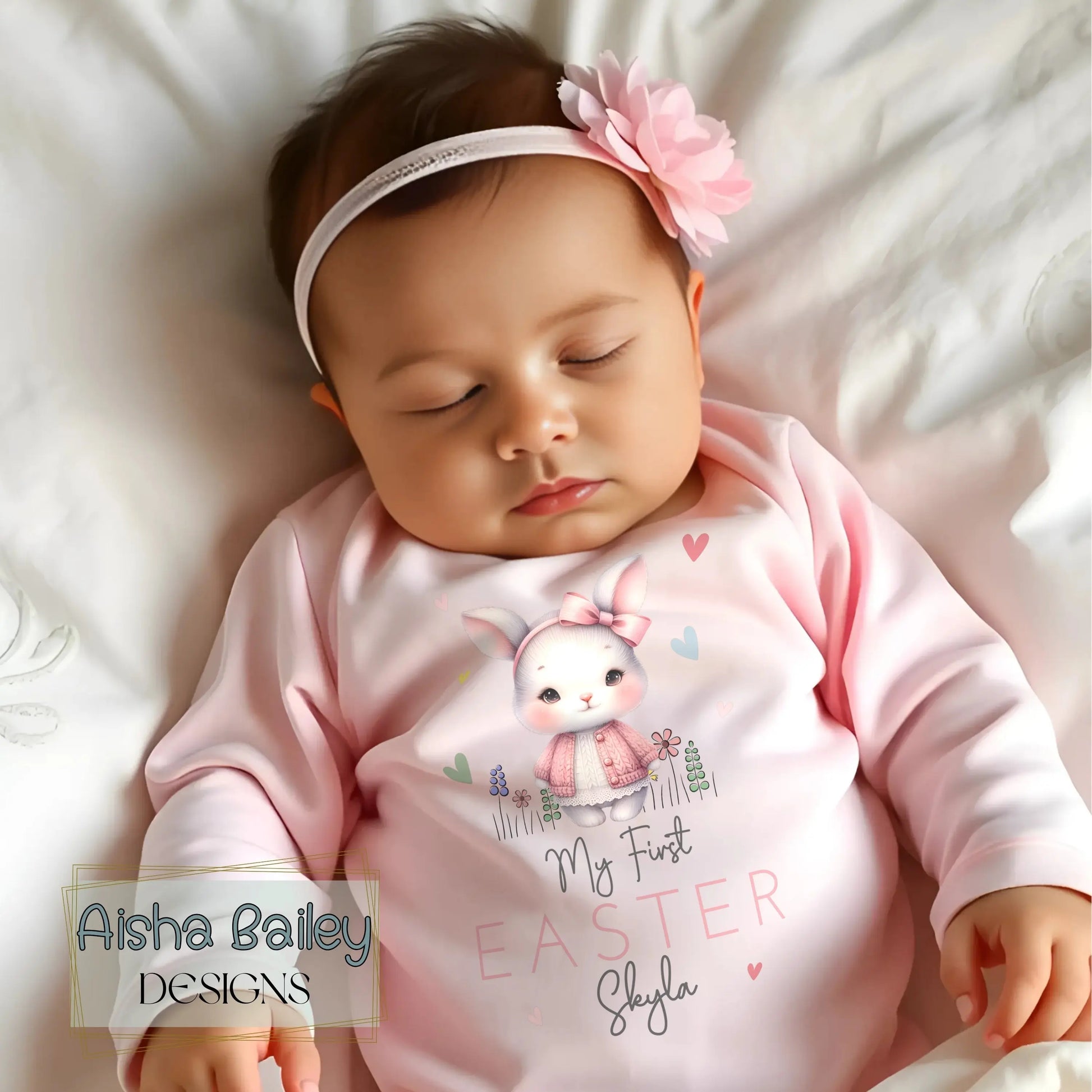 First Easter Outfit: Baby Girl’s 1st Easter Babygrow with personalised name and bunny de