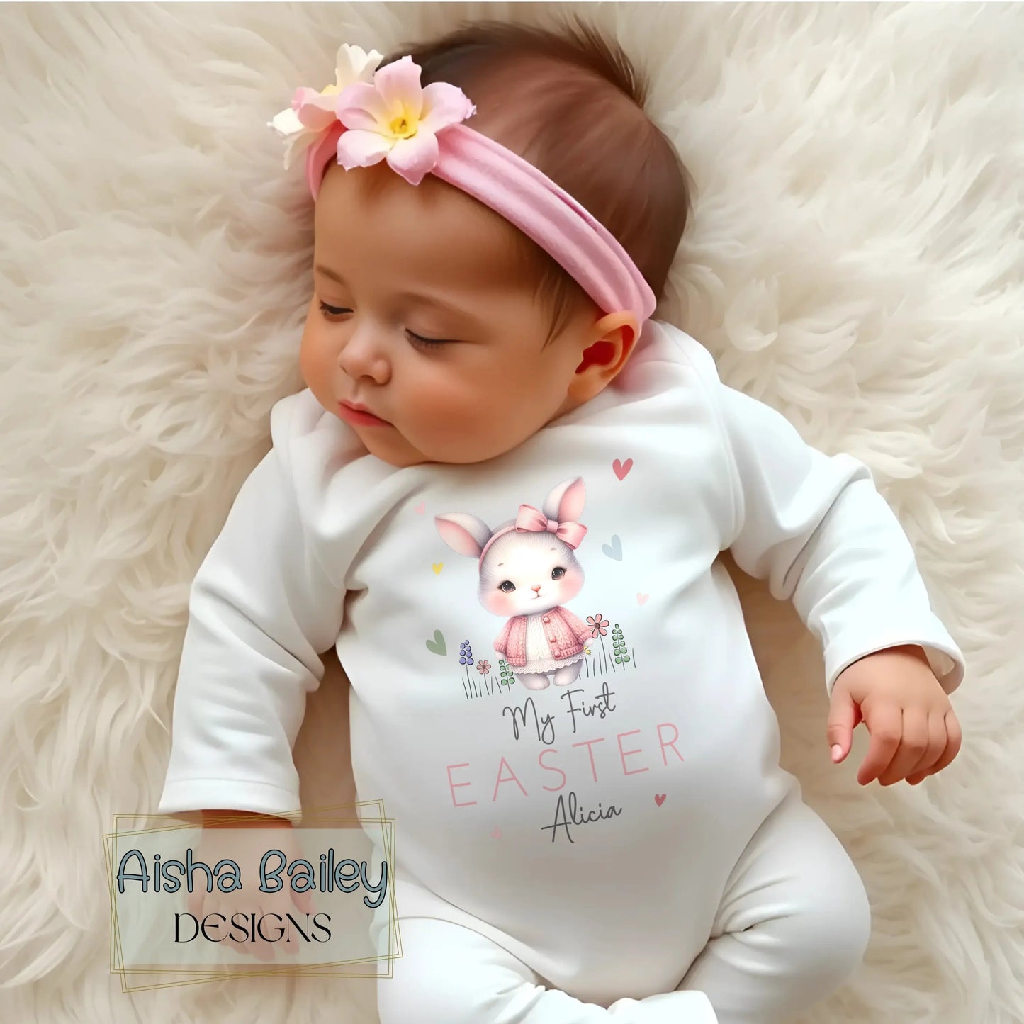 First Easter Outfit: Baby Girl’s 1st Easter Babygrow with personalised name and bunny de