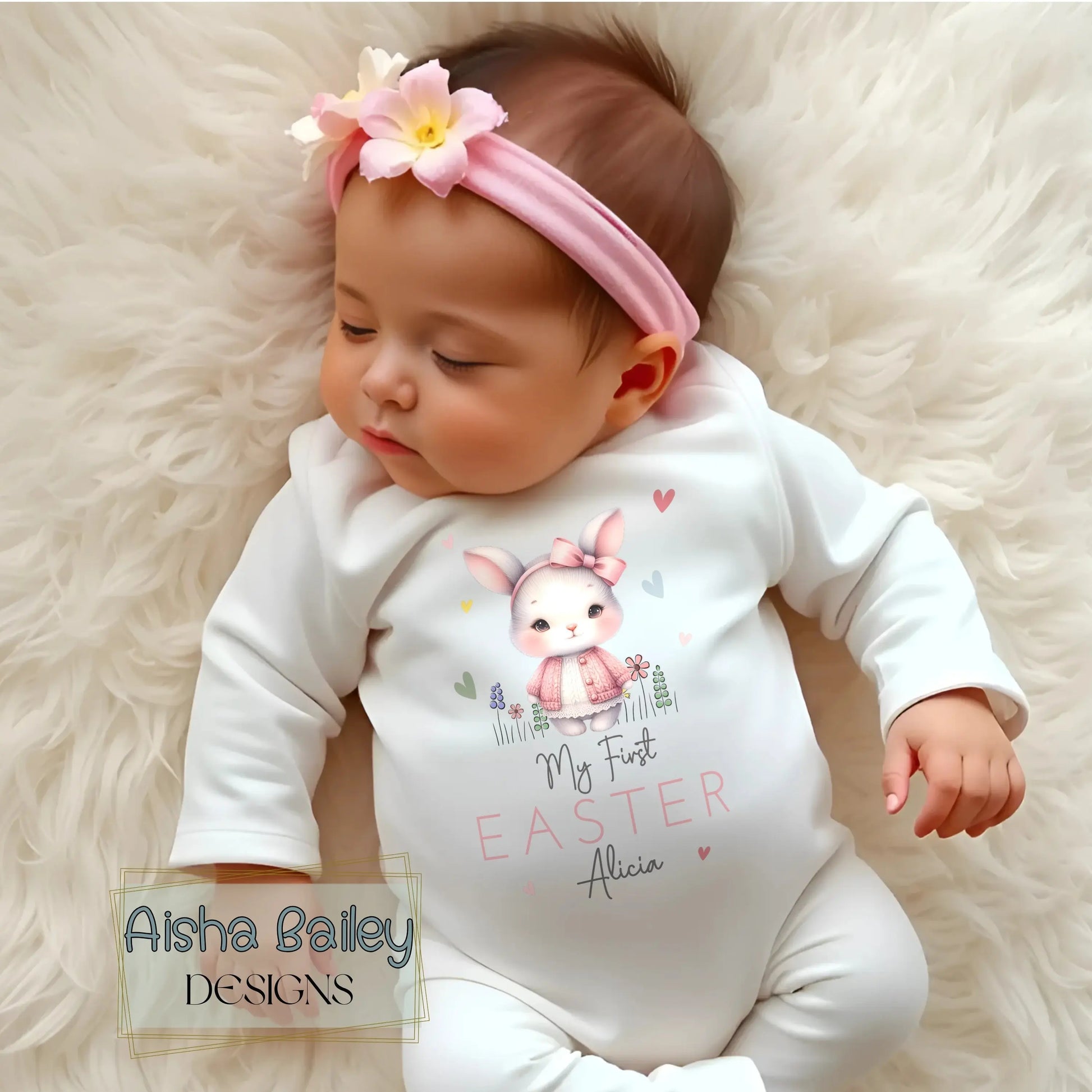 First Easter Outfit: Baby Girl’s 1st Easter Babygrow with personalised name and bunny de