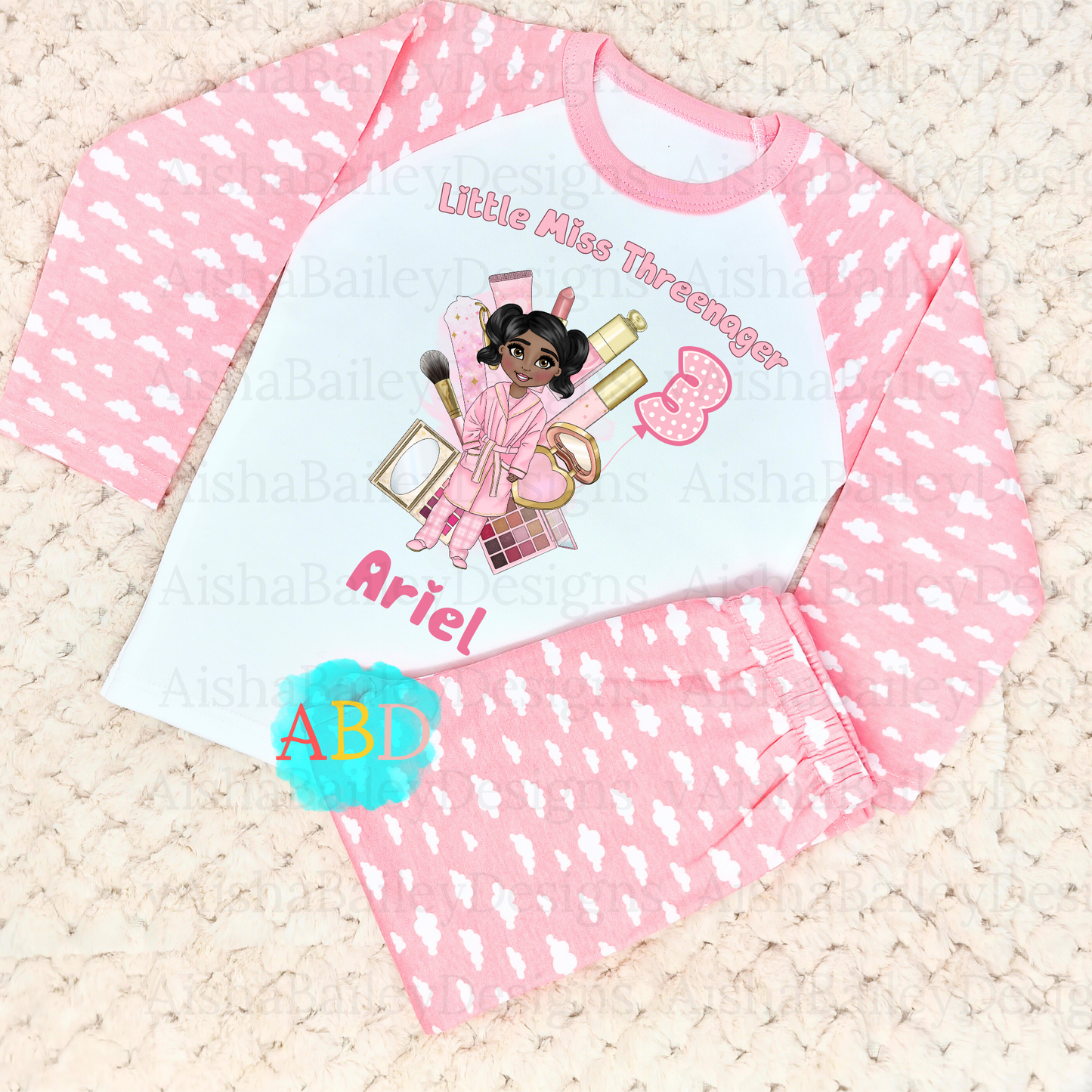 Personalised Threenager birthday pyjamas for 3rd birthday, Customisable Makeup Dolly PJs