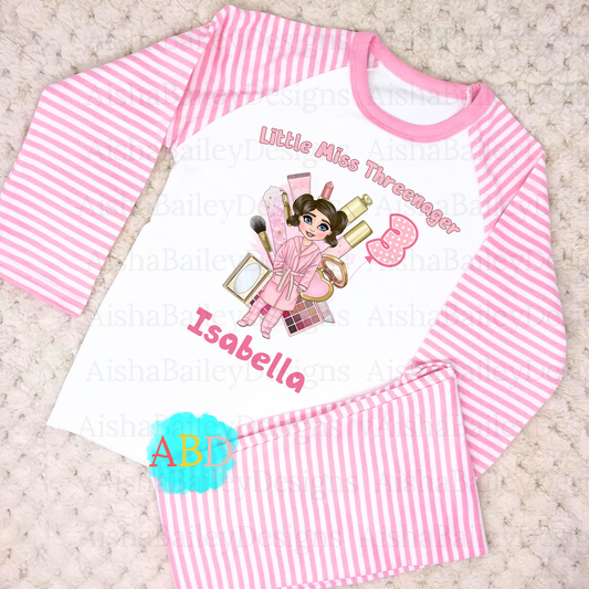 Personalised Threenager birthday pyjamas for 3rd birthday, Customisable Makeup Dolly PJs