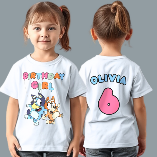 Bluey Birthday T-shirt - Personalised Bluey & Bingo Birthday Tee for Girls, bluey birthday tshirt, bluey tshirt with name, bluey birthday party shirt
