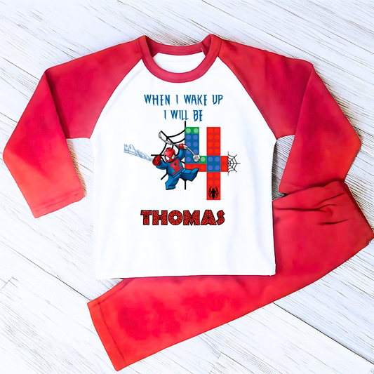 Spiderman Lego Birthday pyjamas, when i wake up spiderman, superhero birthday, spiderman pjs boys, spiderman personalised pjs