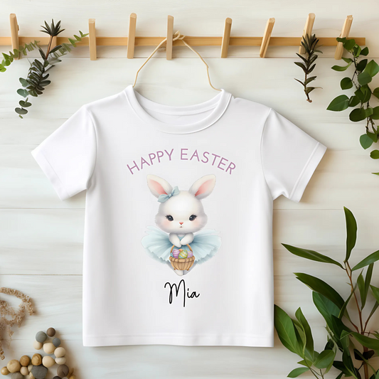 Easter T-shirt: Cute Personalised White Ballerina Bunny Tee for Girls, custom easter top, easter shirt with name, easter tshirt personalised, personalised easter top
