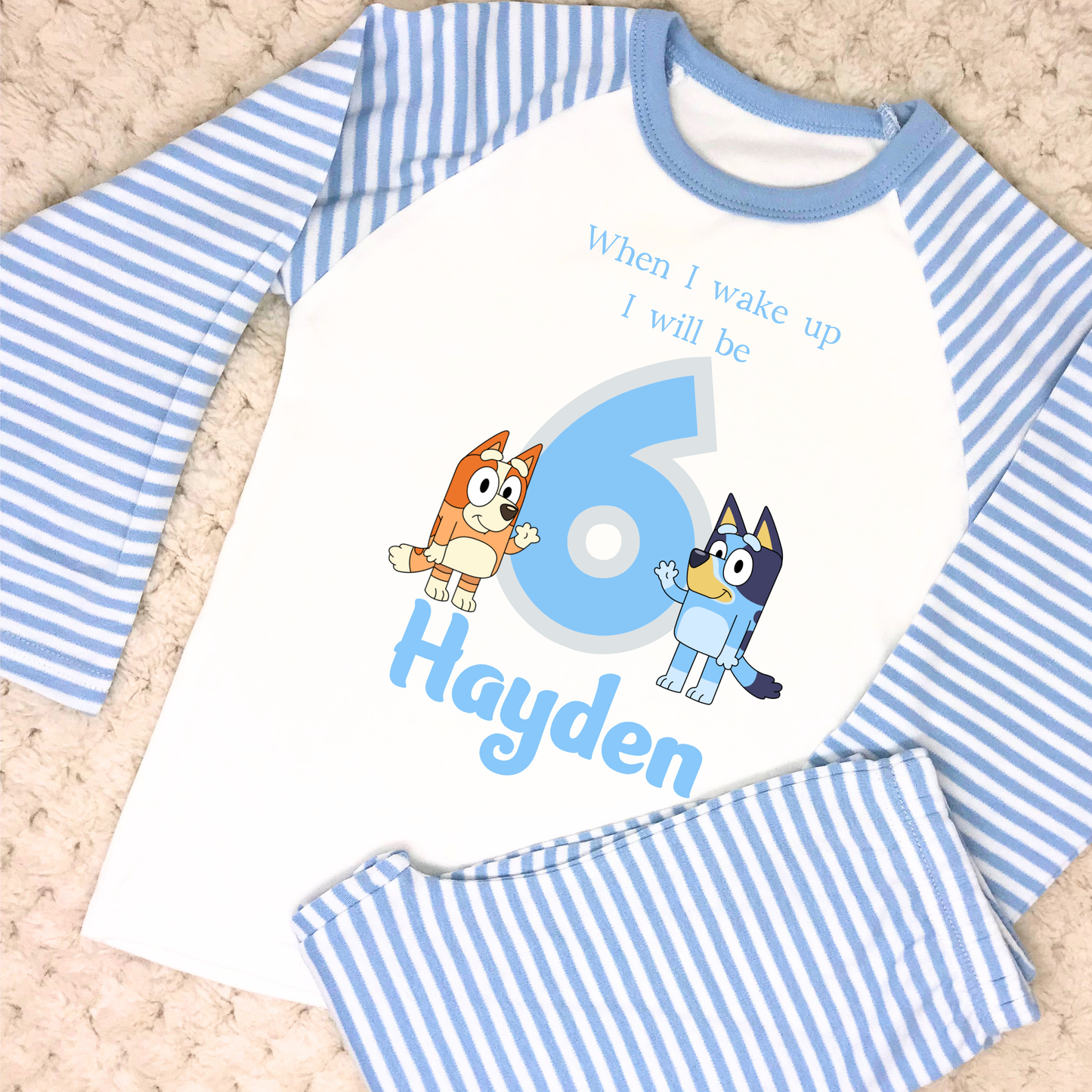 ersonalised bluey, when i wake up bluey, bluey and bingo pyjamas, boys bluey birthday gift
