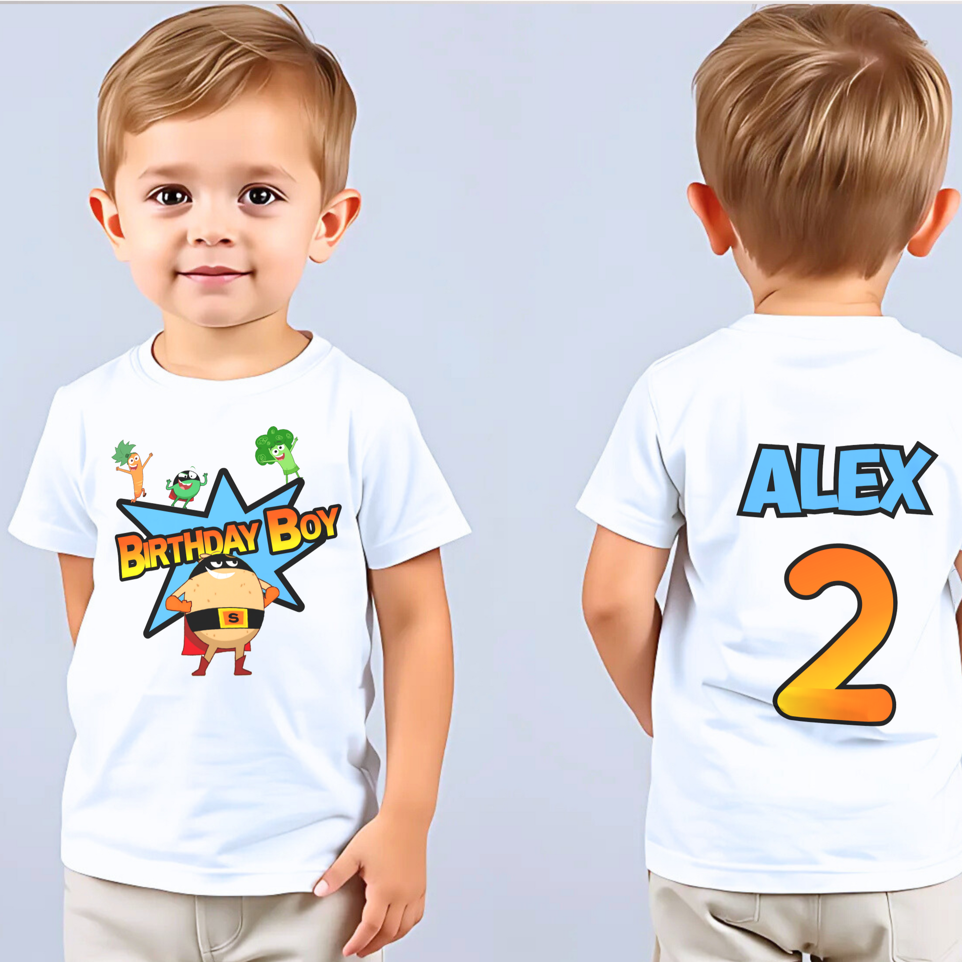 Supertato Birthday T-shirt with Personalisation, supertato birthday t-shirt, personalised supertato top, boys superhero birthday tee
