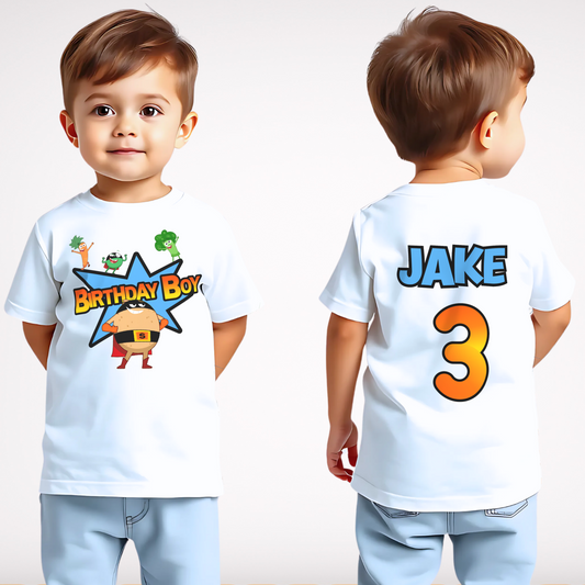 Supertato Birthday T-shirt with Personalisation, supertato birthday t-shirt, personalised supertato top, boys superhero birthday tee