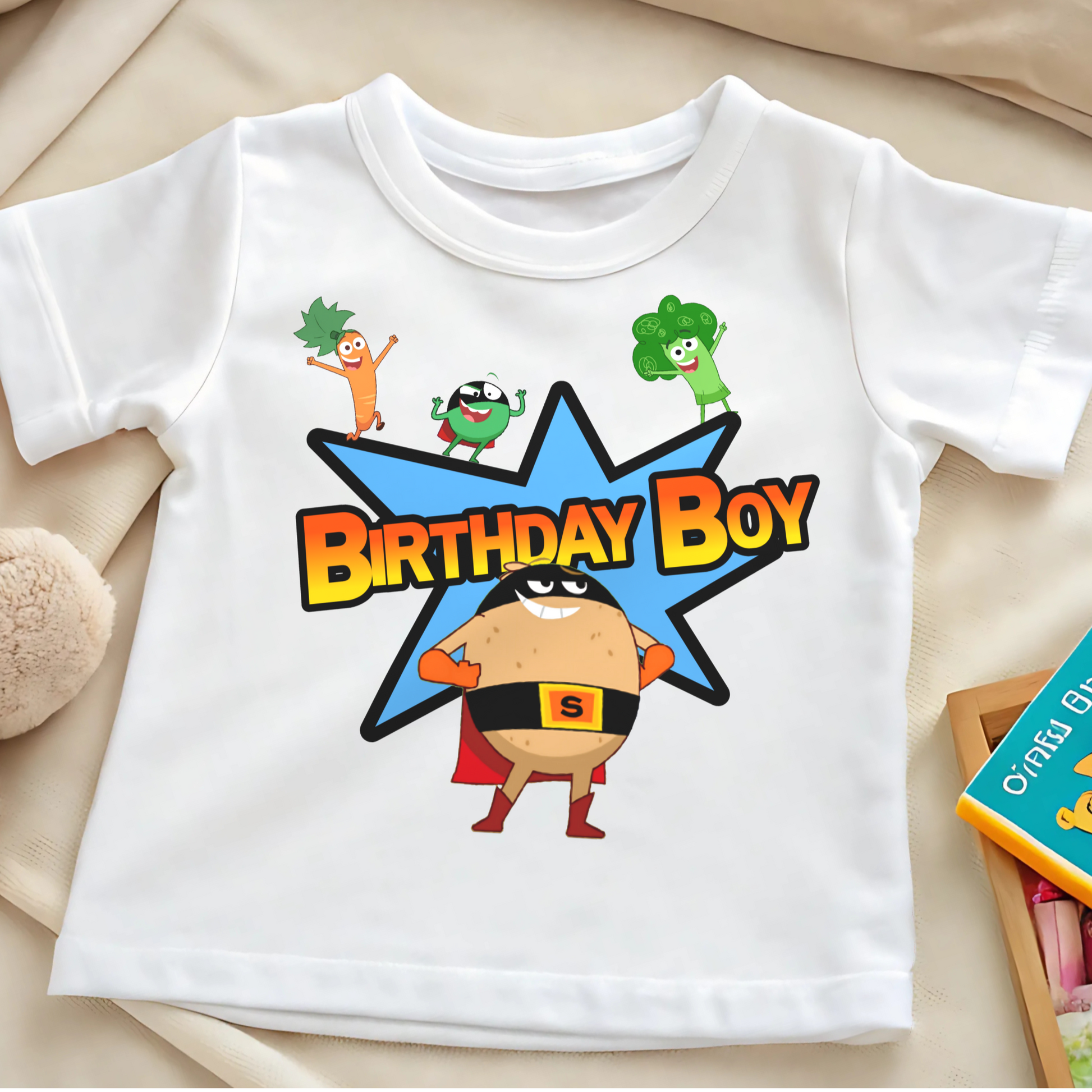 Supertato Birthday T-shirt with Personalisation, supertato birthday t-shirt, personalised supertato top, boys superhero birthday tee