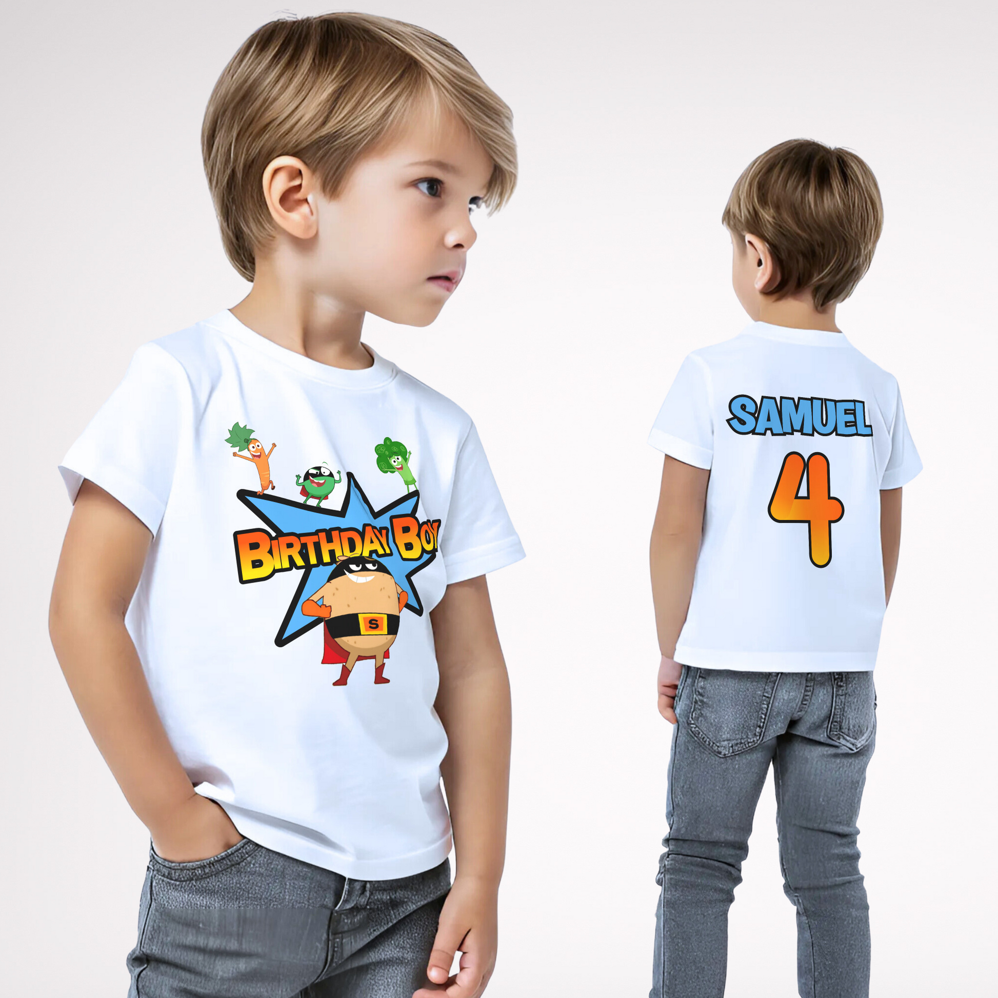 Supertato Birthday T-shirt with Personalisation, supertato birthday t-shirt, personalised supertato top, boys superhero birthday tee