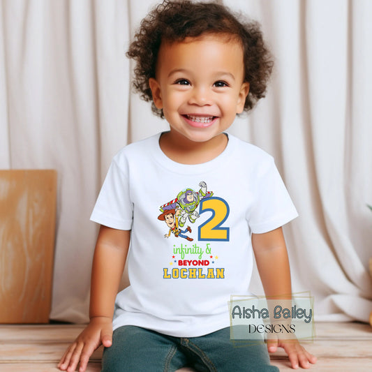 Personalised Two Infinity and Beyond birthday t-shirt for boys with custom name second birthday Toy Story 