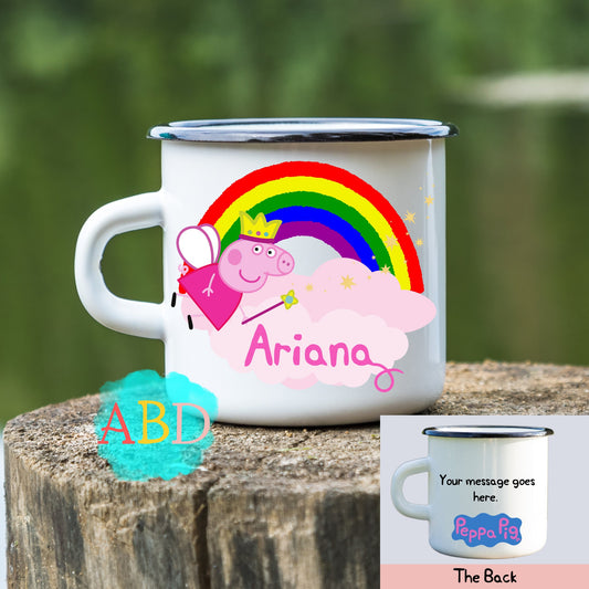 Personalised Peppa Pig Camper-van Enamel Mug for Kids: Girls Birthday Gift, Christmas Mug Gift, Custom Kids Christmas Gift, Pepper Pig Mug