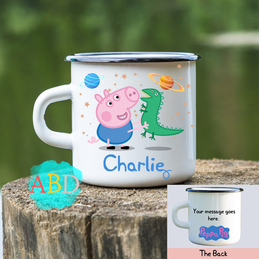 Personalised Peppa Pig Camper-van Enamel Mug for Kids: Girls Birthday Gift, Christmas Mug Gift, Custom Kids Christmas Gift, George Pig Mug