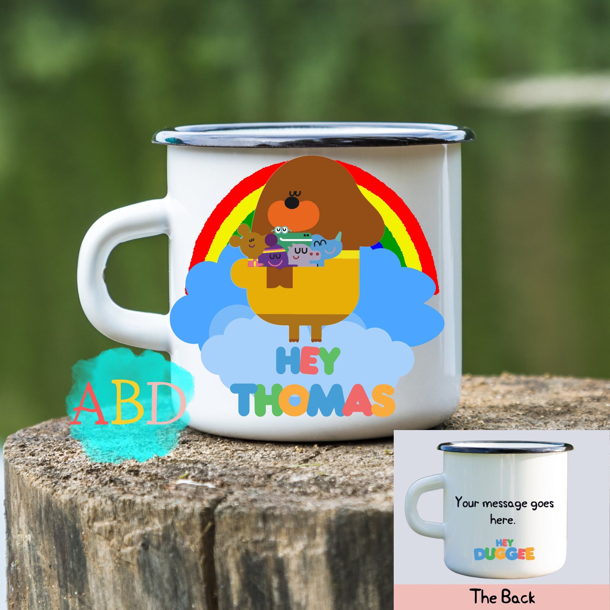 Personalised Hey Duggee Camper-van Enamel Mug: Kids Birthday Gift, Christmas Mug Gift, Custom Christmas Gift, Custom Hey Duggee and Friends, personalised dugee