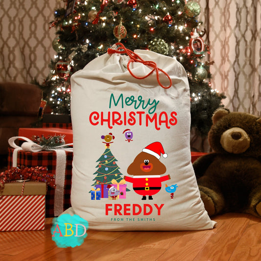 Large Custom Christmas Hey Duggee Sack, Hey Duggee Xmas Gifts, Personalised Christmas Toy Sack, Christmas Gift Bag, Faux Burlap Santa Sack, Hey Duggee personalised Christmas