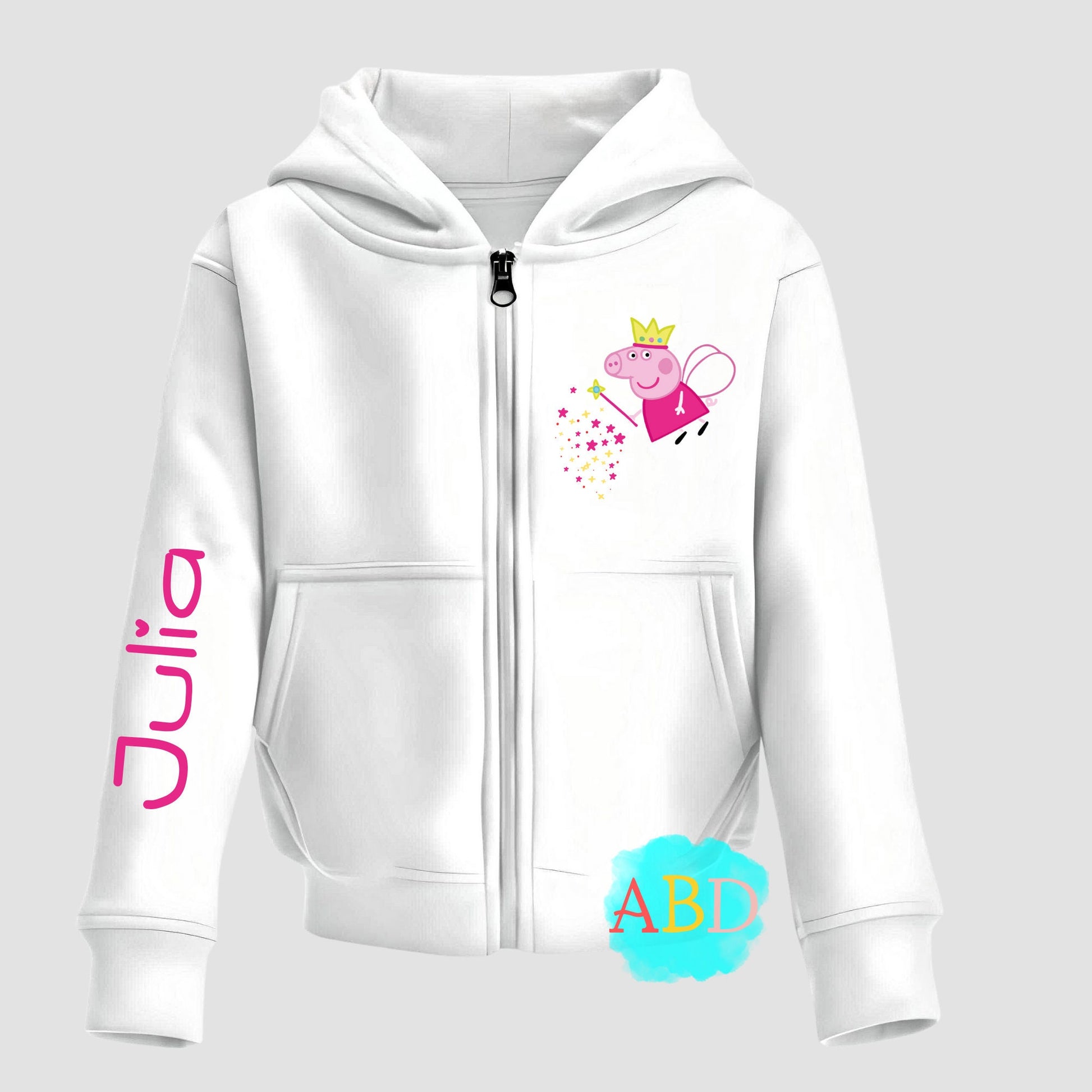 Personalised Girls Peppa Pig White Hoodie, Printed on Arm, Girls Custom Birthday Hoodie, Kids Oversized Hoodie, custom Zip up hoody, peppa hoodie with name